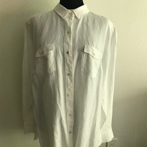 Tommy Bahama White Linen Blouse, L, 
w/Colorful Parrot & Tropical Leaf Graphic